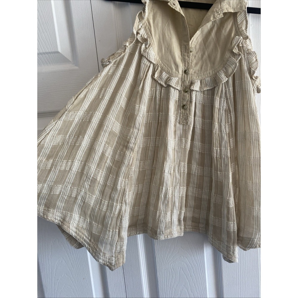 Pilcro Sleeveless Babydoll Blouse Womens Size XS Tan Plaid Ruffle Cotton Boho - Picture 4 of 7